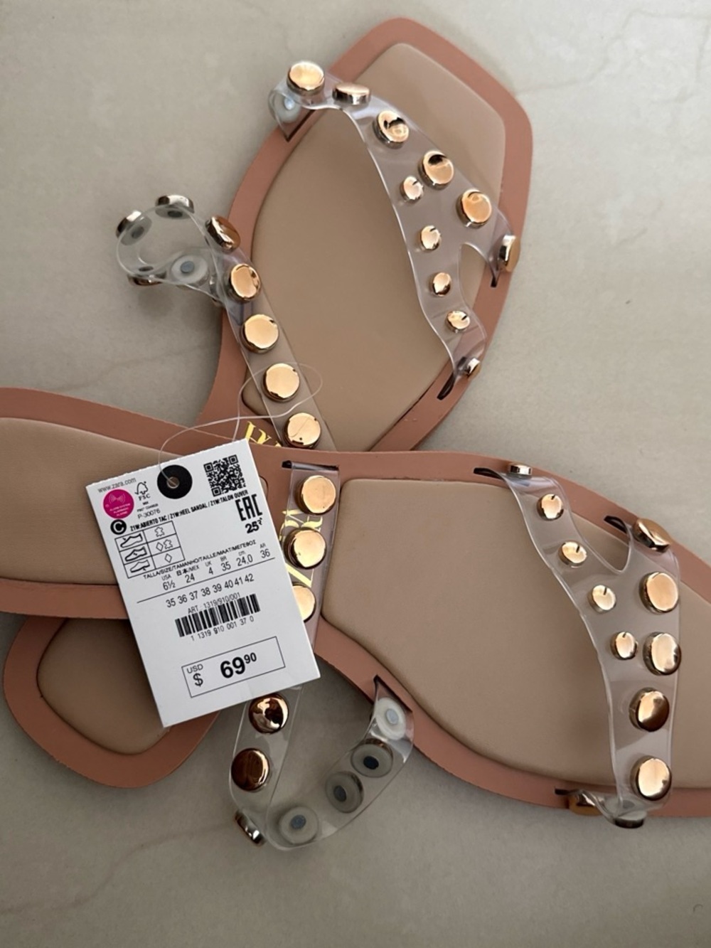 Zara Pink Nude Clear Strap Sandals with Gold Studs